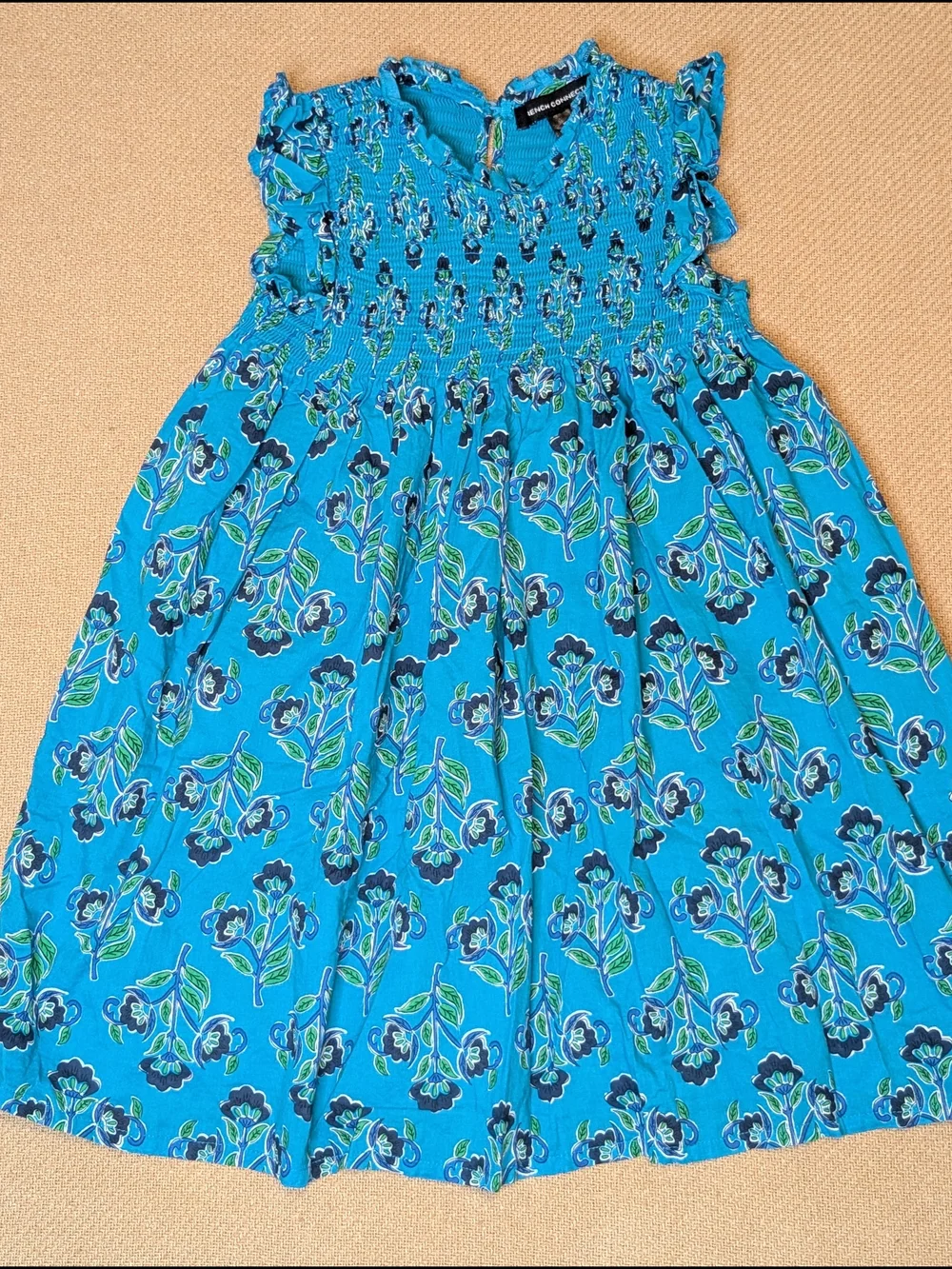 French Connection Girls Teal Blue Floral Patterned Cotton Smocked Dress